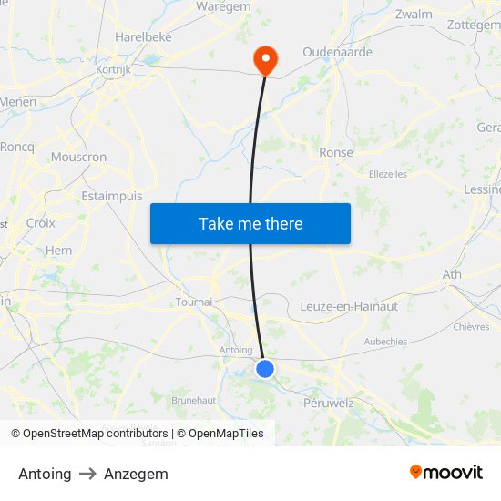 Antoing to Anzegem map