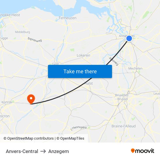 Anvers-Central to Anzegem map