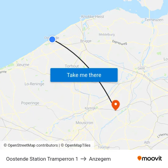 Oostende Station Tramperron 1 to Anzegem map