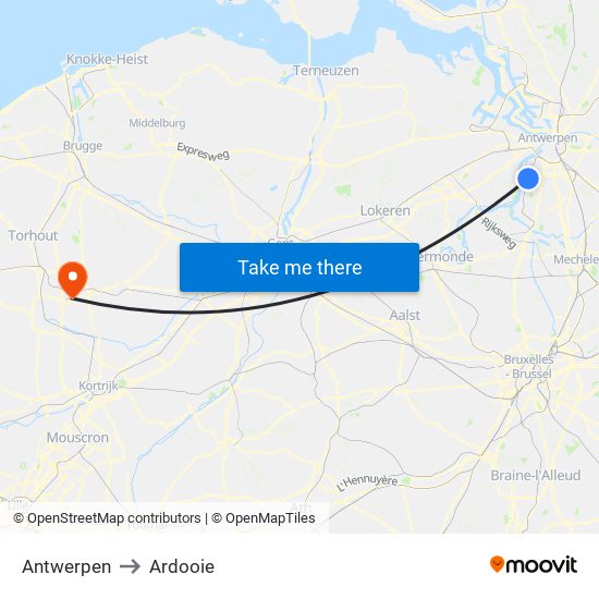 Antwerpen to Ardooie map