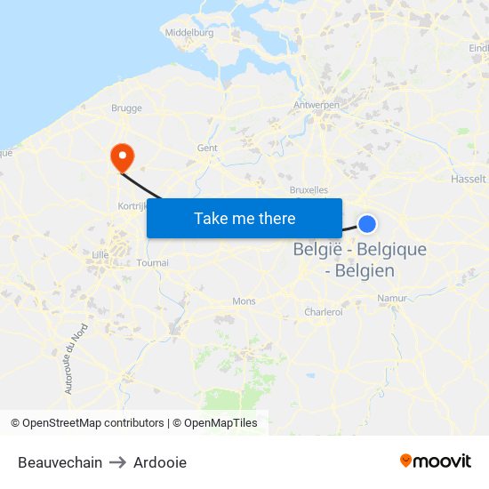 Beauvechain to Ardooie map