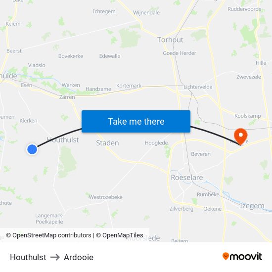 Houthulst to Ardooie map