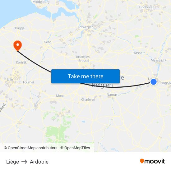 Liège to Ardooie map