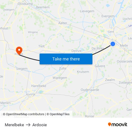 Merelbeke to Ardooie map