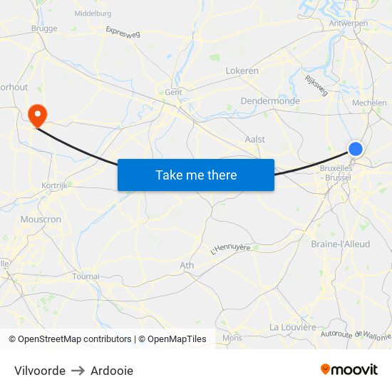 Vilvoorde to Ardooie map