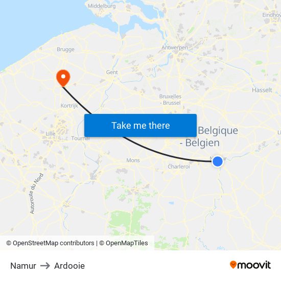 Namur to Ardooie map