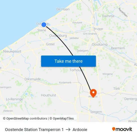 Oostende Station Tramperron 1 to Ardooie map