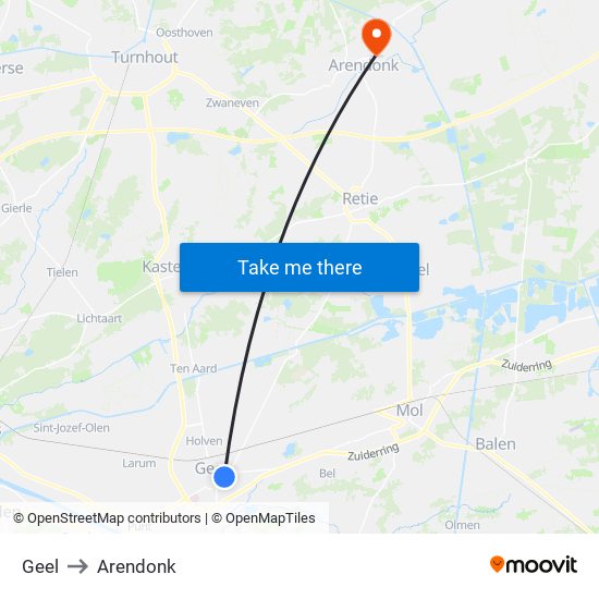Geel to Arendonk map