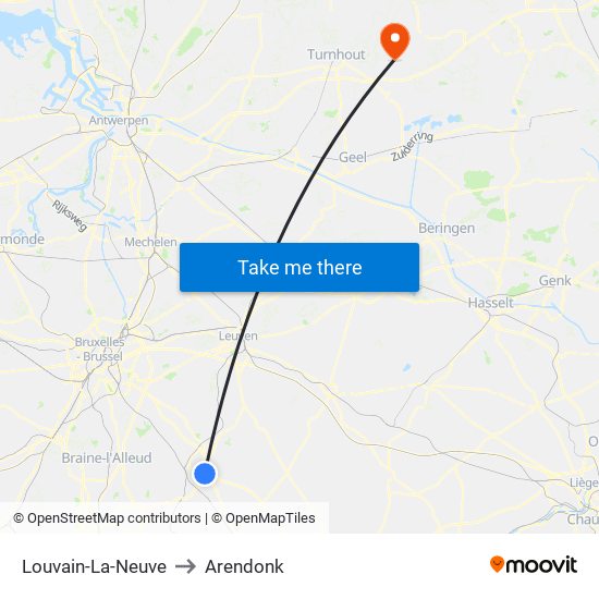 Louvain-La-Neuve to Arendonk map