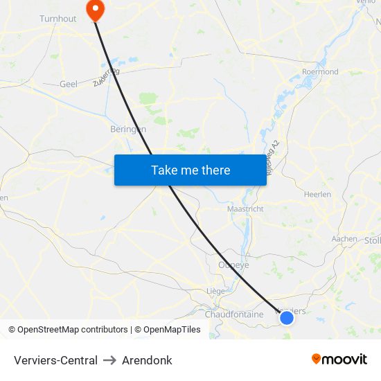 Verviers-Central to Arendonk map