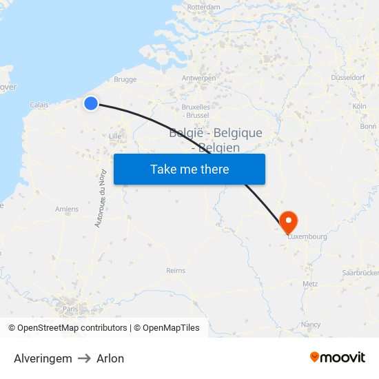 Alveringem to Arlon map