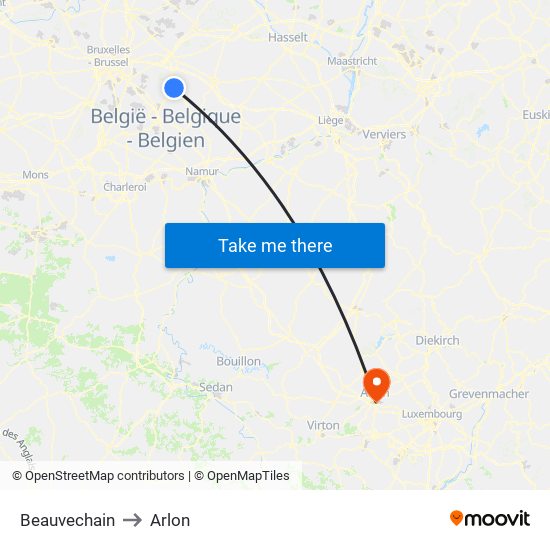 Beauvechain to Arlon map