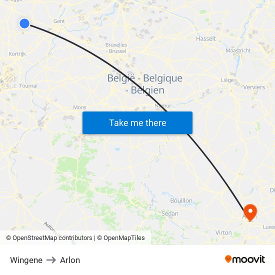 Wingene to Arlon map