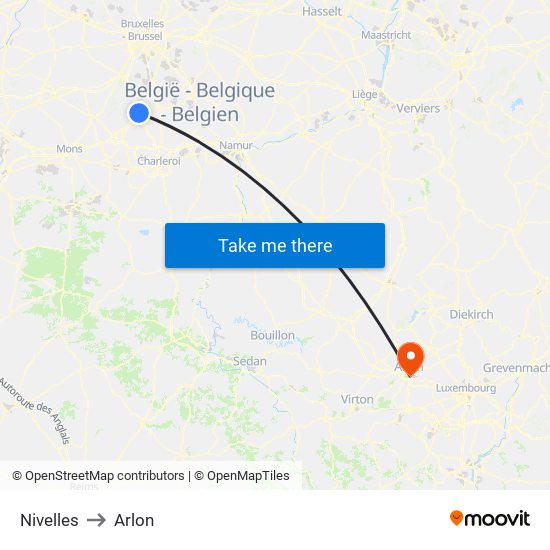 Nivelles to Arlon map