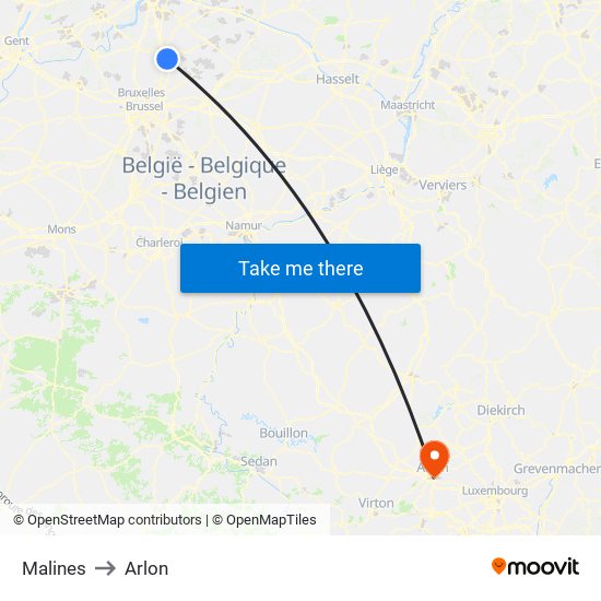 Malines to Arlon map