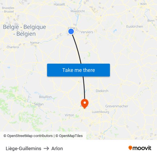 Liège-Guillemins to Arlon map