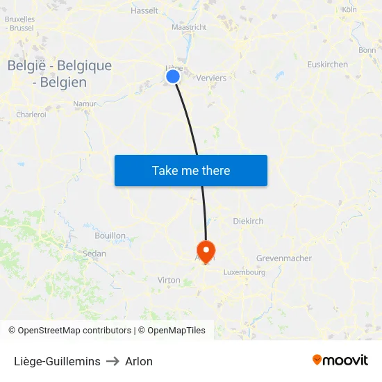 Liège-Guillemins to Arlon map