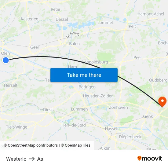 Westerlo to As map