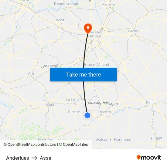 Anderlues to Asse map