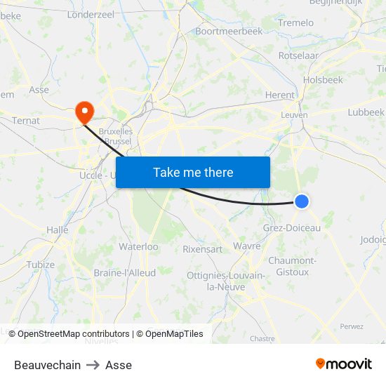 Beauvechain to Asse map