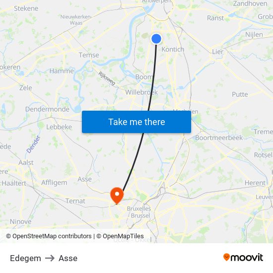 Edegem to Asse map