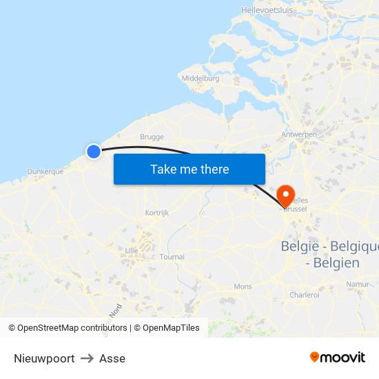 Nieuwpoort to Asse map