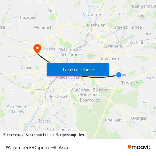 Wezembeek-Oppem to Asse map