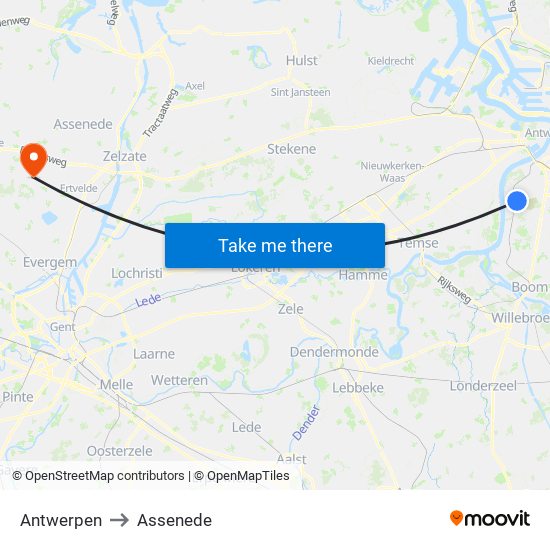 Antwerpen to Assenede map