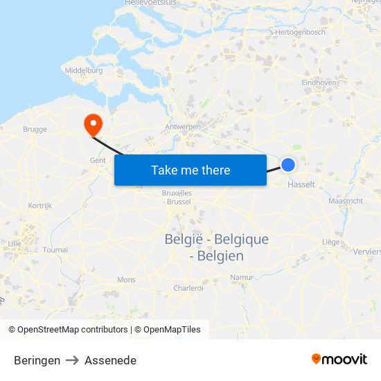 Beringen to Assenede map