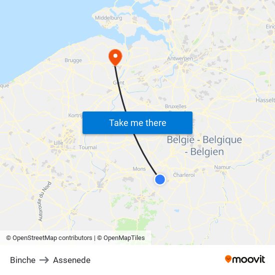 Binche to Assenede map