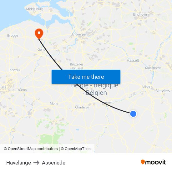 Havelange to Assenede map