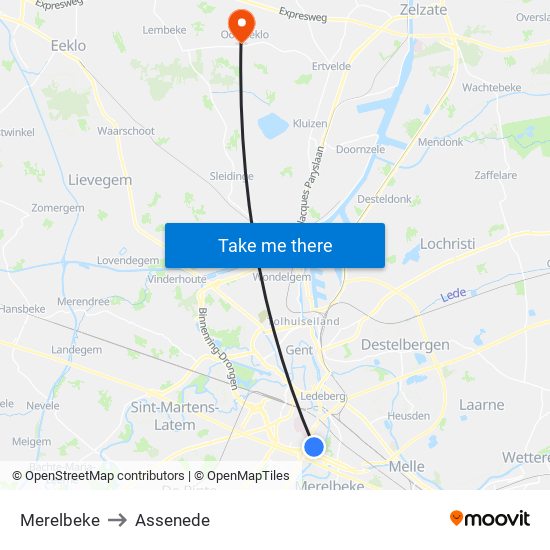 Merelbeke to Assenede map