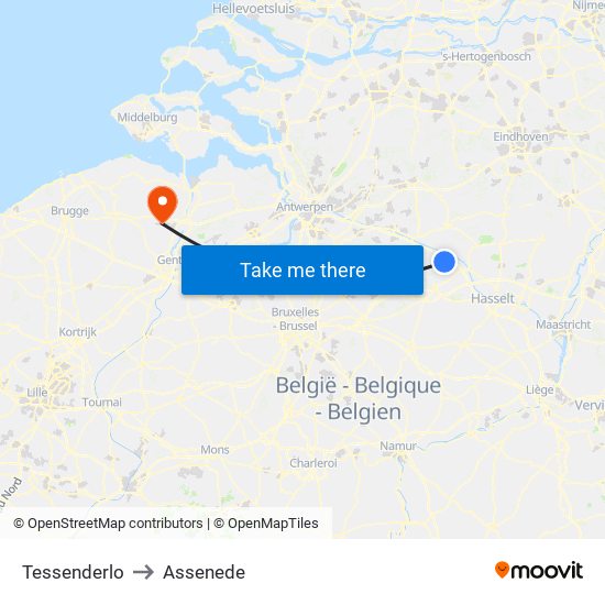 Tessenderlo to Assenede map