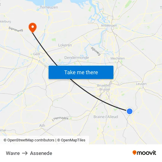 Wavre to Assenede map