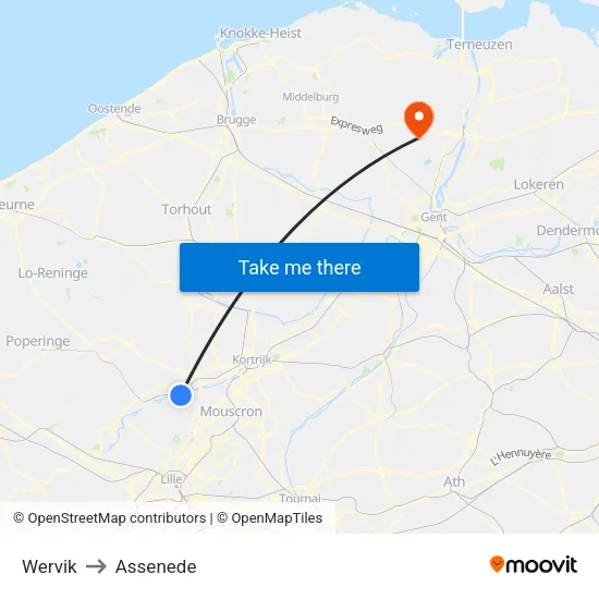 Wervik to Assenede map
