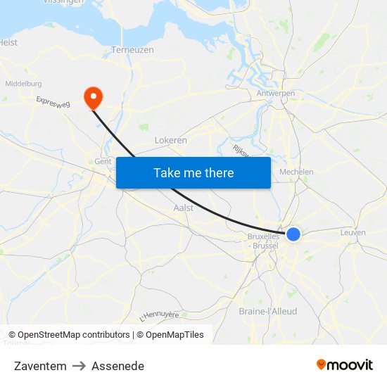 Zaventem to Assenede map