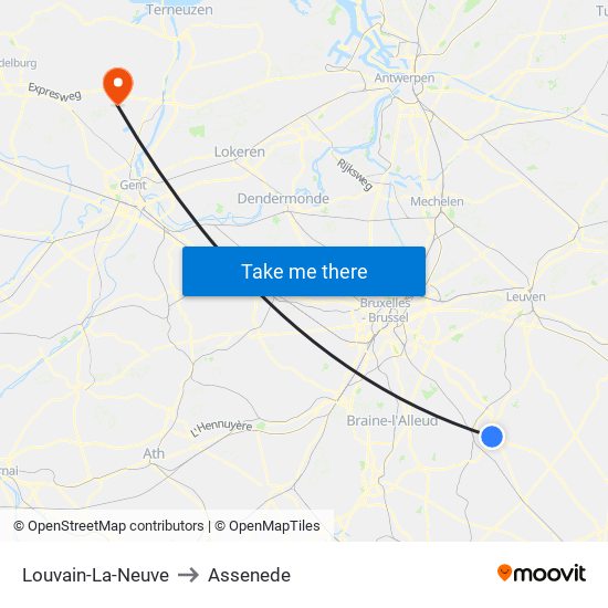 Louvain-La-Neuve to Assenede map
