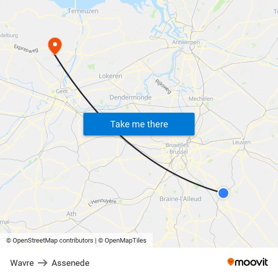 Wavre to Assenede map