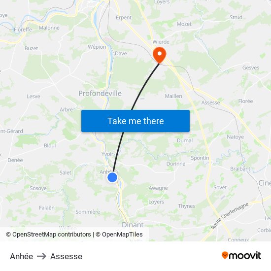 Anhée to Assesse map