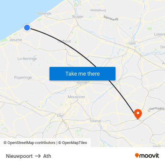 Nieuwpoort to Ath map