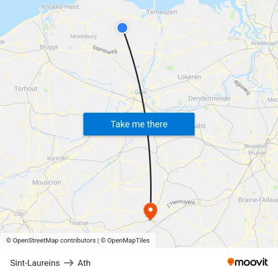 Sint-Laureins to Ath map