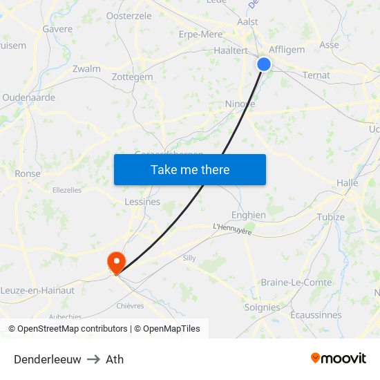 Denderleeuw to Ath map