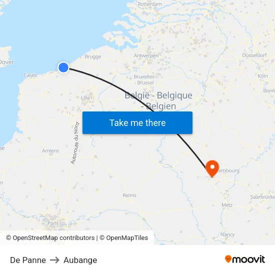 De Panne to Aubange map