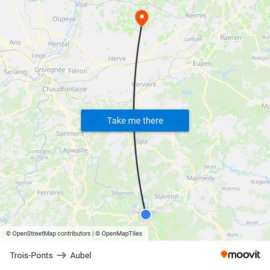 Trois-Ponts to Aubel map