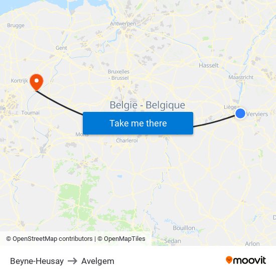 Beyne-Heusay to Avelgem map