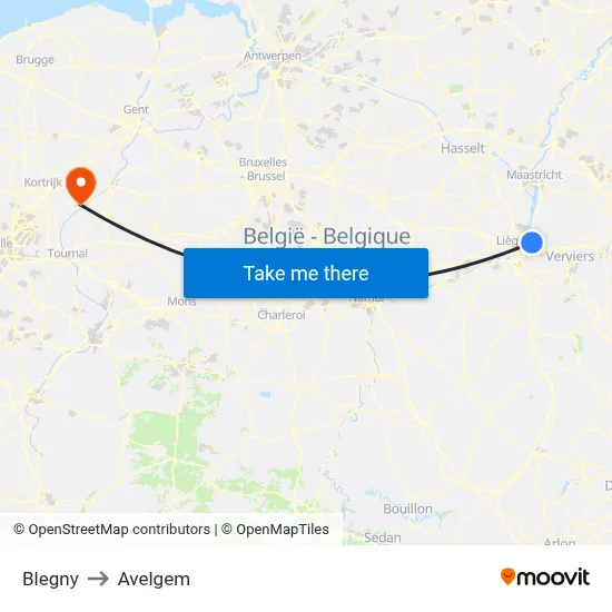 Blegny to Avelgem map