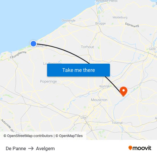 De Panne to Avelgem map