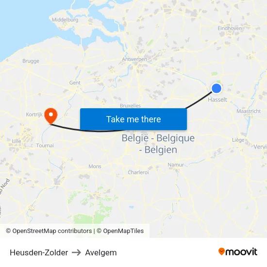 Heusden-Zolder to Avelgem map
