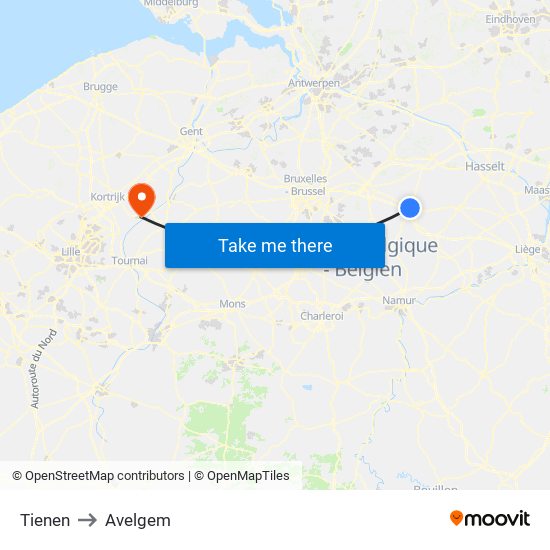 Tienen to Avelgem map