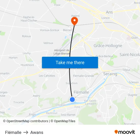 Flémalle to Awans map